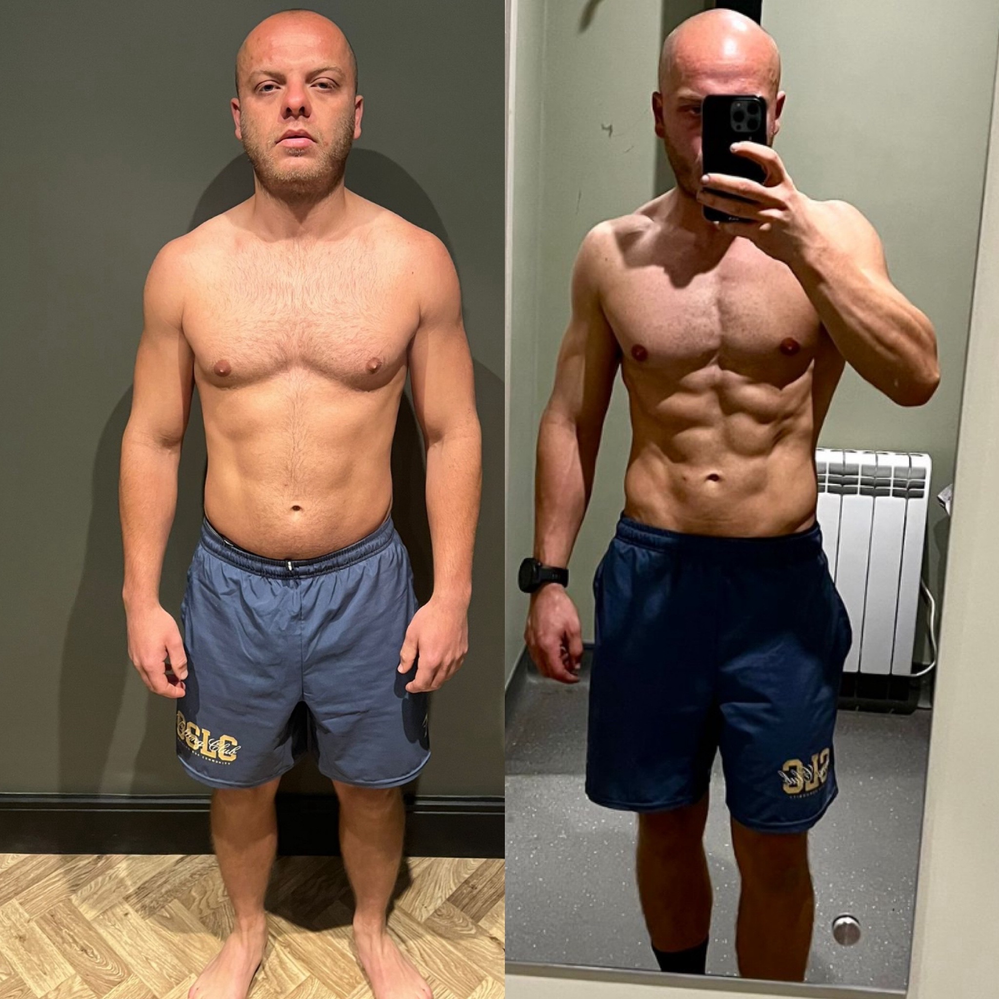 Client transformation showing visible abdominal definition after coaching