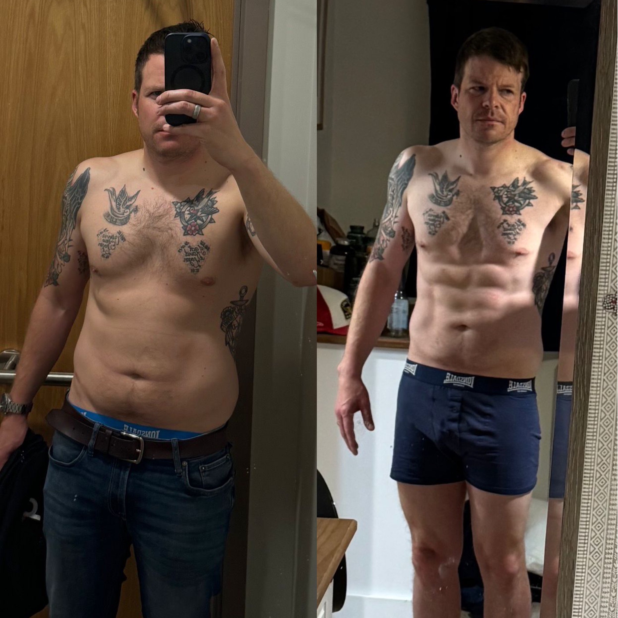Male client before and after transformation showing significant fat loss and visible abdominal definition