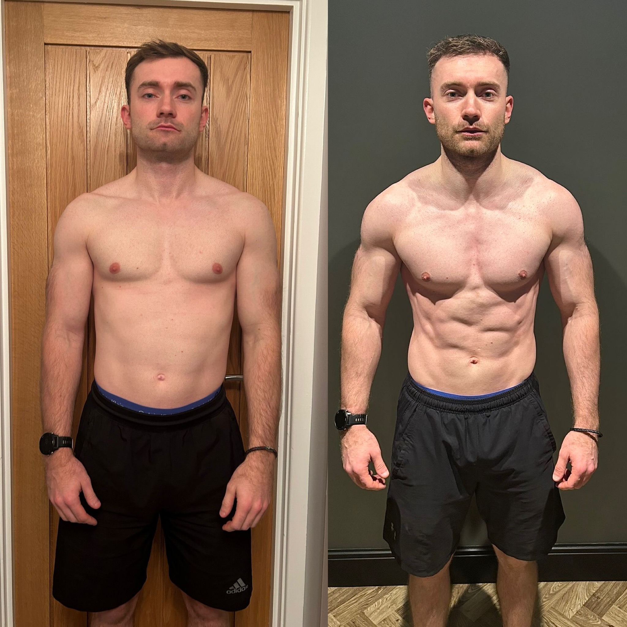 Male client transformation showing increased muscle and visible abdominal definition