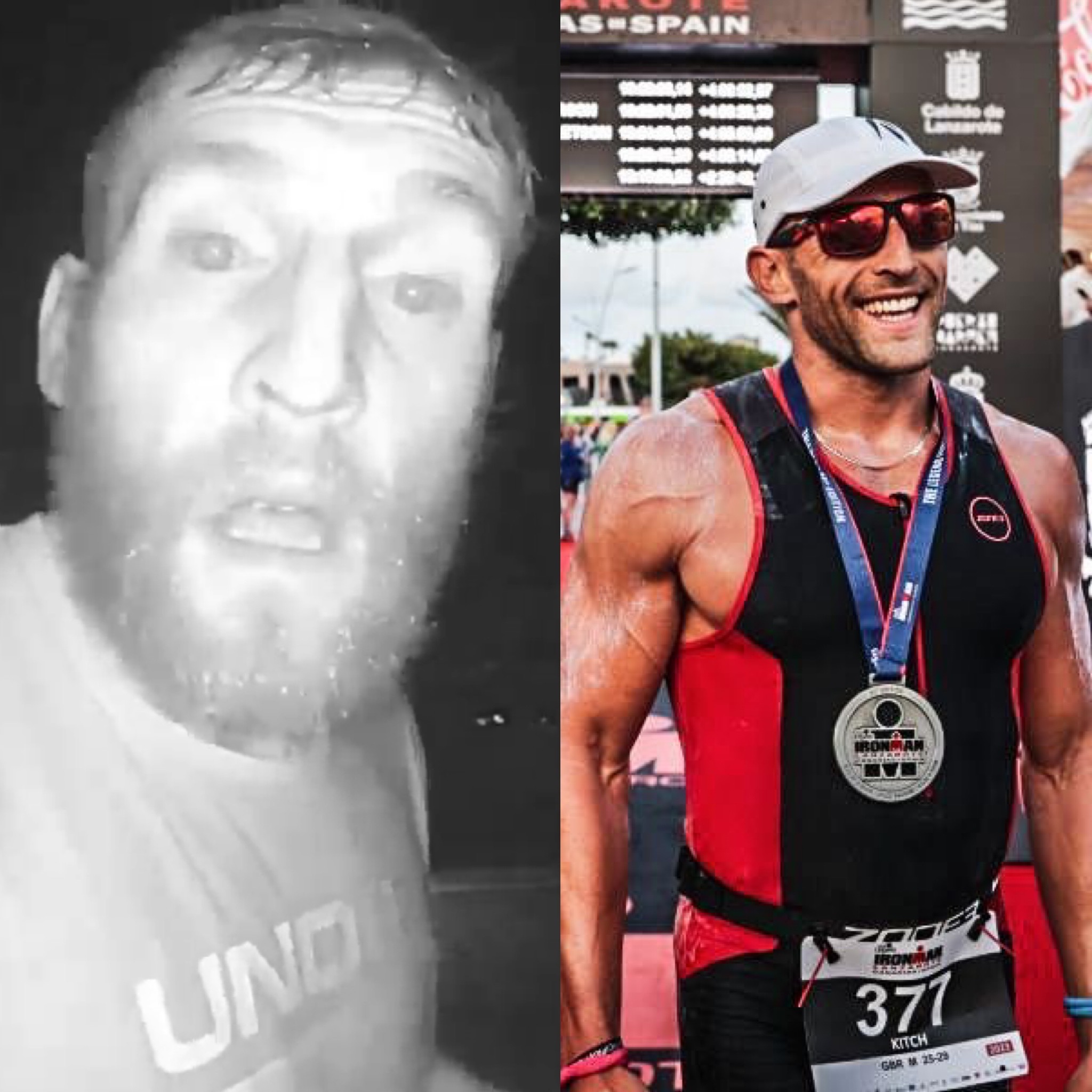 Alex Kitchen at the worst point of addiction and later after completing an Ironman